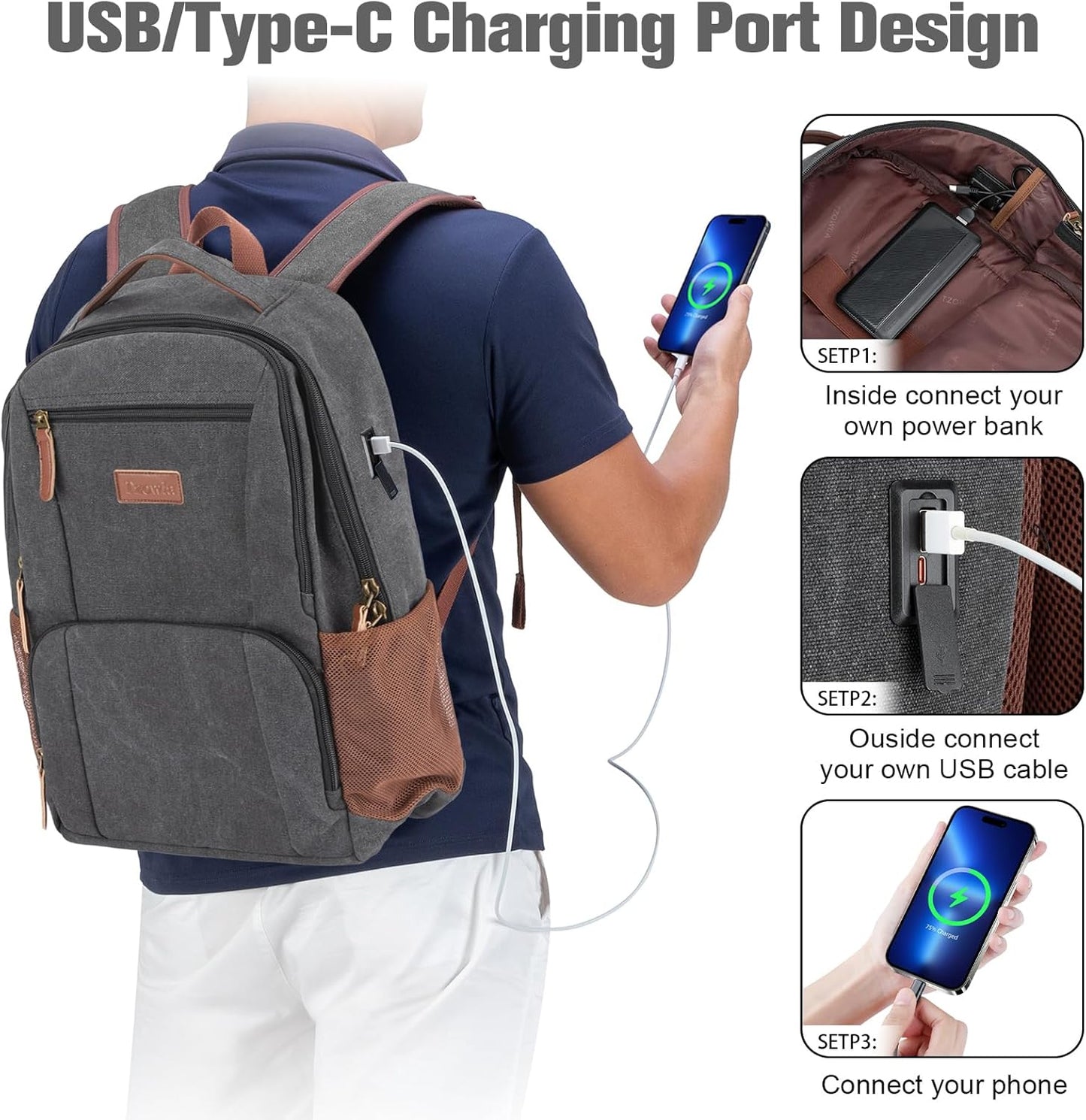 Tzowla Canvas Laptop College Backpack for Men and Women,Travel Work Vintage Rucksack with USB/Type-C Charging Port,Lightweight Hiking Casual Daypack Backpacks fit 15.6 inch Notebook,Black