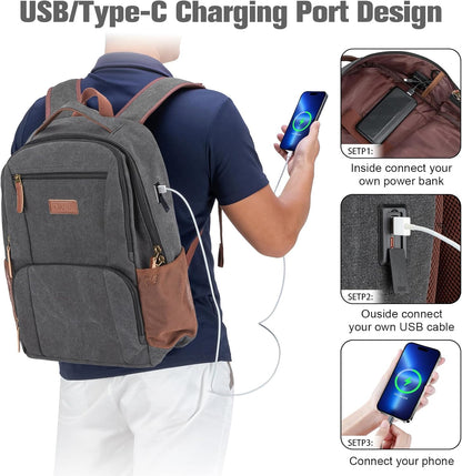 Tzowla Canvas Laptop College Backpack for Men and Women,Travel Work Vintage Rucksack with USB/Type-C Charging Port,Lightweight Hiking Casual Daypack Backpacks fit 15.6 inch Notebook,Black