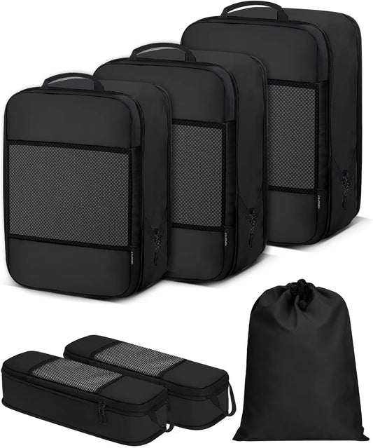 6 PCS Set Compression Packing Cubes for Travel, Lightweight Packing Organizer Bags Travel Essentials for Carry On, Suitcase, Home Closet - Black