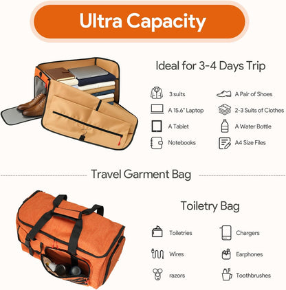 Garment Duffle Bags for Travel, HOMQUIET Convertible Garment Duffel Bag, All YKK Zippers Carry On Garment Bags, 2 in 1 Hanging Waterproof Suit Travel Bag with Shoe Compartment, for Men Women, Brown