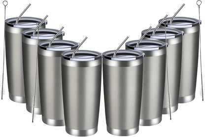MEWAY 20oz Tumbler 8 Pack Double Wall Vacuum Insulated Travel Mug Bulk, Stainless Steel Tumblers with Lid and Straw, Durable Powder Coated Coffee Cups for Cold & Hot Drinks (Cold Gray, 8)