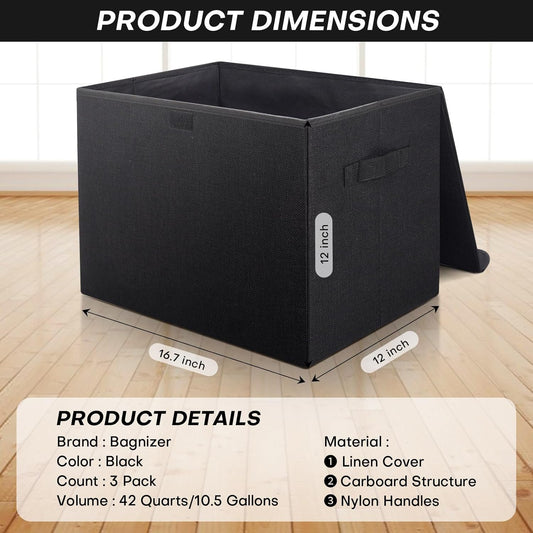 Large 17" 42 Quarts Collapsible Stackable Storage Bins with Lids [3-Pack] Foldable Fabric Linen Storage Boxes Cube, Closet Organizer Baskets with Label (16.7 x 12 x 12", Black)