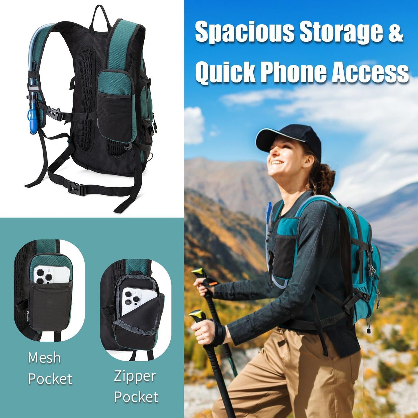 Hydration Backpack Pack with 2L Water Bladder 18L Hiking Backpack Women Men Lightweight Hydropack Insulated Daypack for Biking, Running, Festival