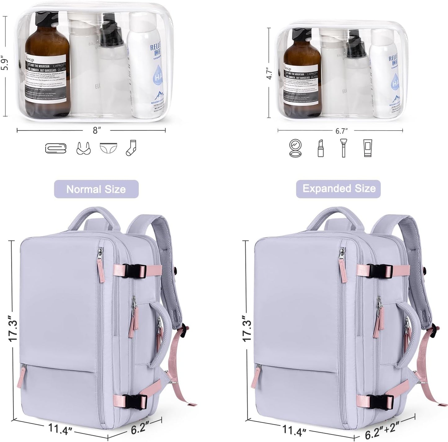 Hanples Large Travel Backpack for Women as Person Item Flight Approved, Waterproof 40L Carry On Backpack, 17 Inch Laptop Backpack for Business Bag with 2 Toiletry Bags (Gray Purple)