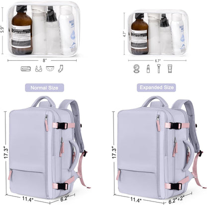 Hanples Large Travel Backpack for Women as Person Item Flight Approved, Waterproof 40L Carry On Backpack, 17 Inch Laptop Backpack for Business Bag with 2 Toiletry Bags (Gray Purple)