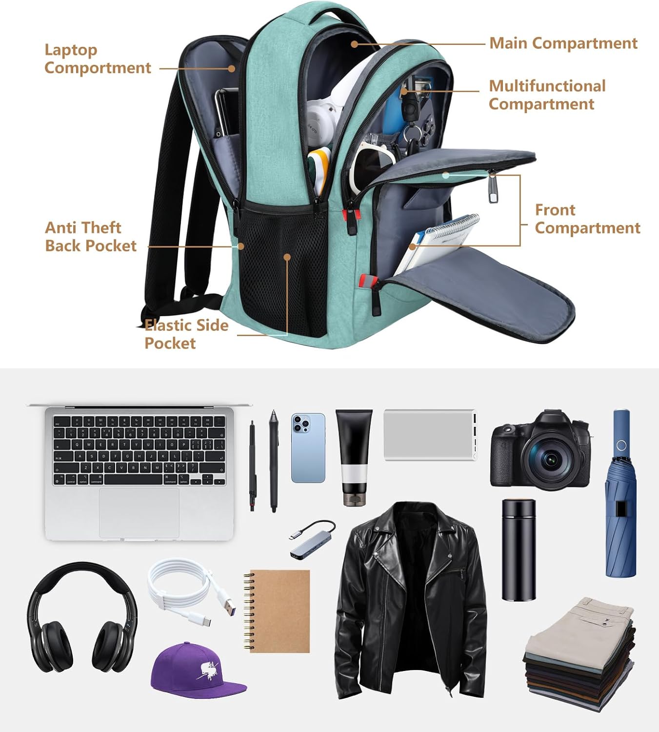 Backpack for Women Men, Travel School Backpacks for Teen Boys, Bookbag with USB Charging Port, Anti Theft College Backpack Fits 15.6 Inch Laptop, Casual Work Business Back Pack, Cyan