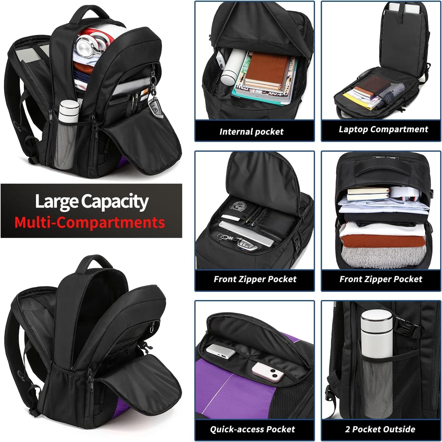 PUSLOM Extra Large Travel Laptop Backpack for Men 55L,Water Resistant 18.4 inch Big Business Laptop bags with USB Charging Port,TSA Friendly Anti Theft Computer Bag for Work College,Purple