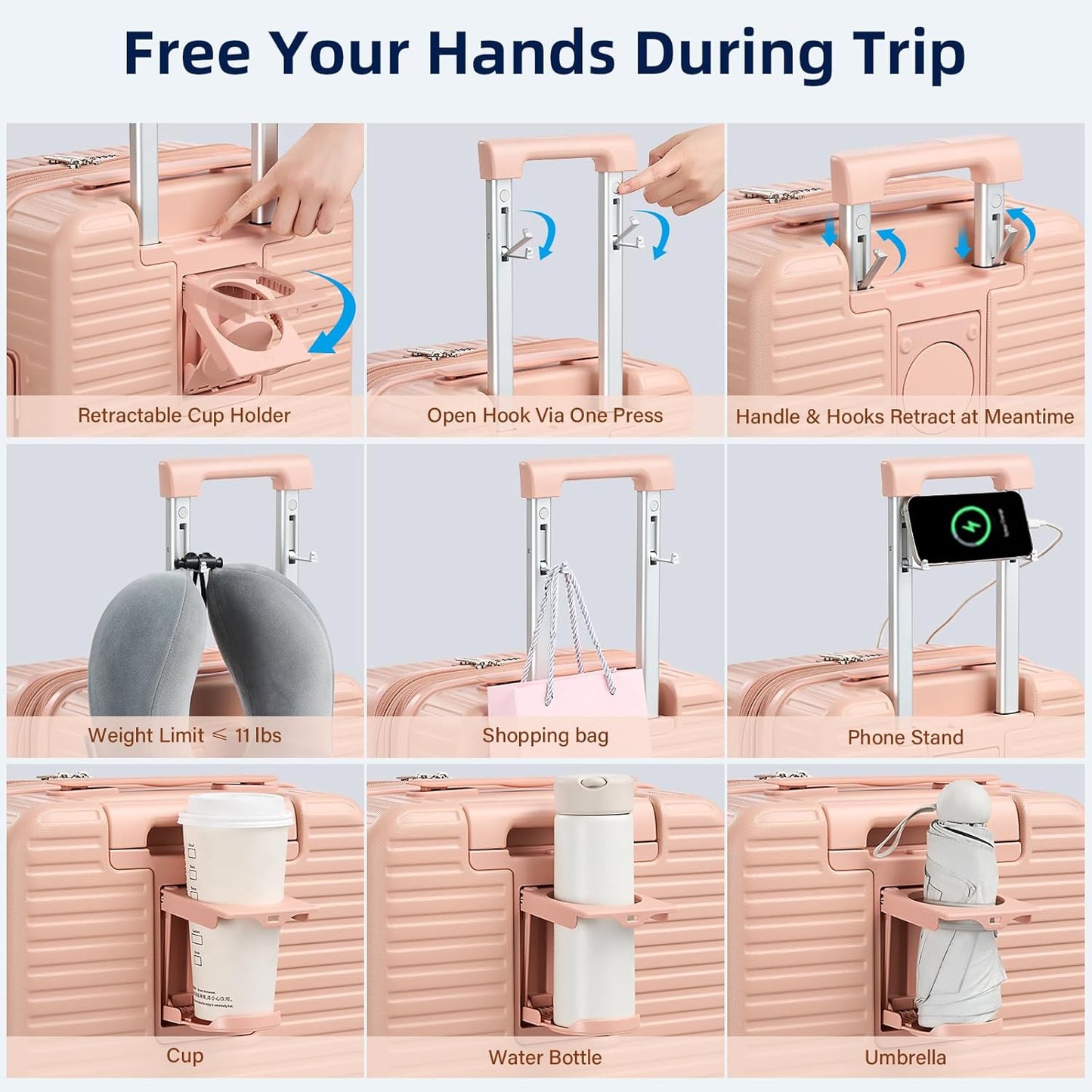 Hard Shell Suitcases Expandable Travel Luggage Sets 2 Piece, Carry on and Check in Luggage Lightweight Suitcase Set 2 Piece with Wheels Cup Holder Charger Built in (Pink, 20/28)