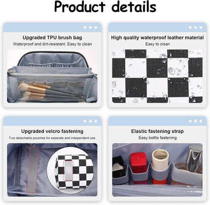 BOYATU Travel Makeup Bag Cosmetic Bags for Women: Large Make up Bags Set of 3 - Portable Makeup Organizer with Compartments&Handle&Divider - Waterproof PU Leather Toiletry Bag(Checkered Mix Black)