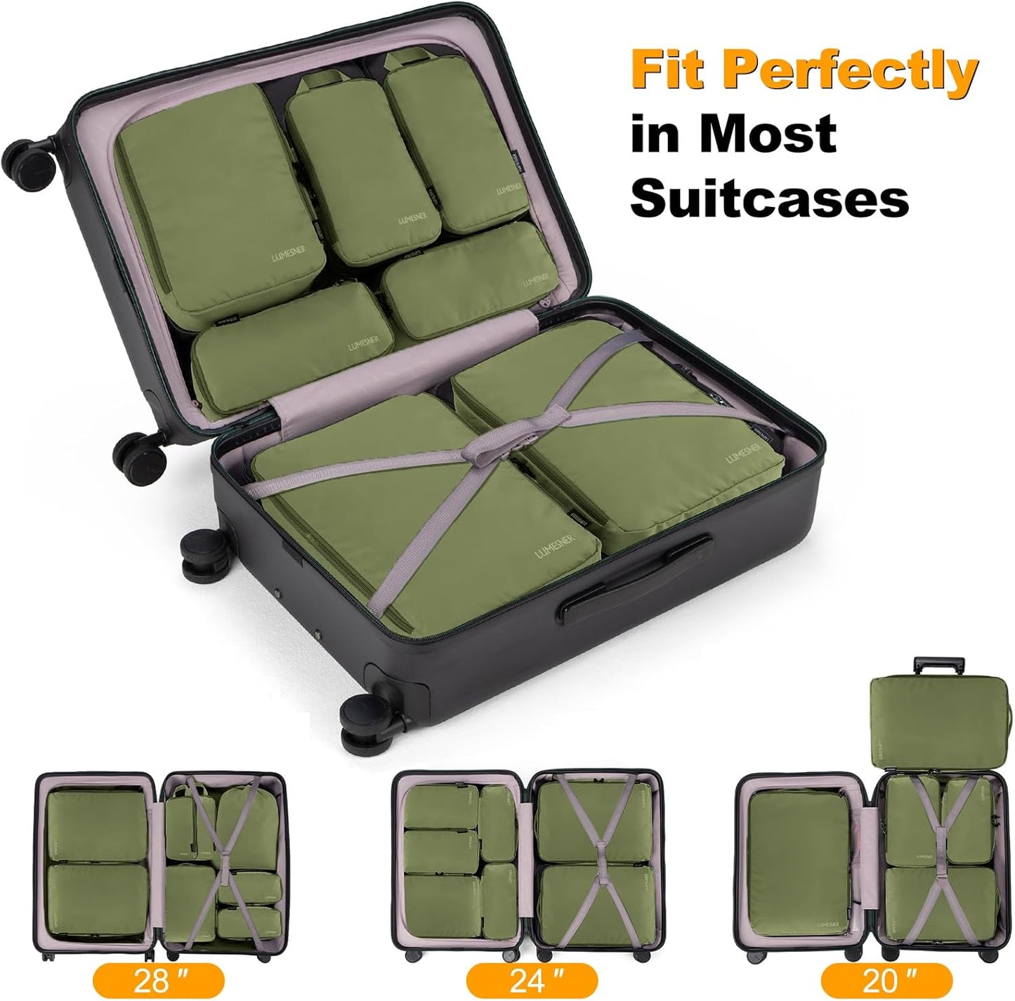 8 Set Compression Packing Cubes for Travel, Waterproof Luggage Organizers, Suitcase Organizer Set for Carry-On & Checked Baggage, Travel Accessories for Men & Women