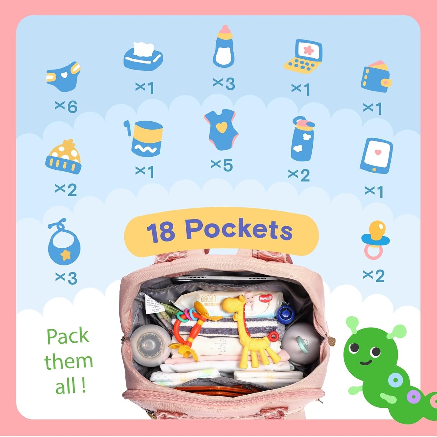 iniuniu Diaper Bag Backpack, 4 in 1 kit Large Unisex Baby Bags for Boys Girls, Waterproof Travel Back Pack with Diaper Pouch