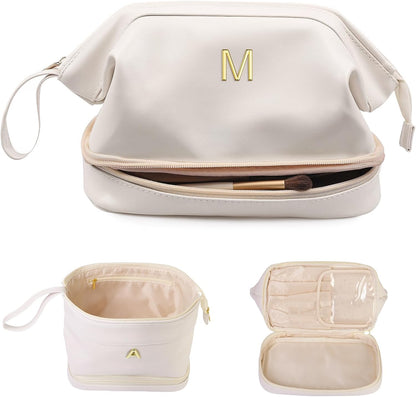 Birthday Gifts-Teen Girl Gifts Trendy Stuff Initial Large Makeup Bag for Women, Personalized Double Layer Cosmetic Bag with Makeup Brush Organizer, PU Leather Travel Toiletry Bag,Bride Gift