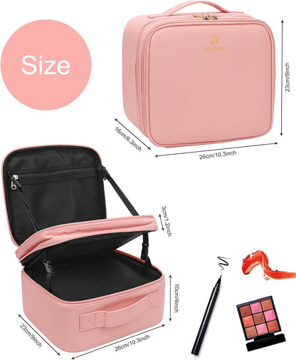 Relavel Makeup Bag with LED Mirror, Travel Makeup Case with Rechargeable Lighted Mirror 3 Color Lights, Dual Layer Cosmetic Box Makeup Brush Lipstick Holder Organizer for Women, Leather Pink