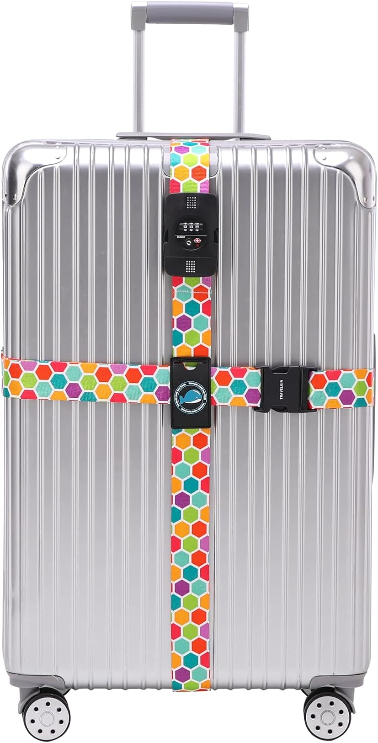 Travelkin Luggage Straps TSA Approved - Adjustable Cross Suitcase Straps with TSA Lock, Reinforced Buckle, Unique Pattern - Secure Heavy Duty Luggage Straps for Travel (Honeycomb)