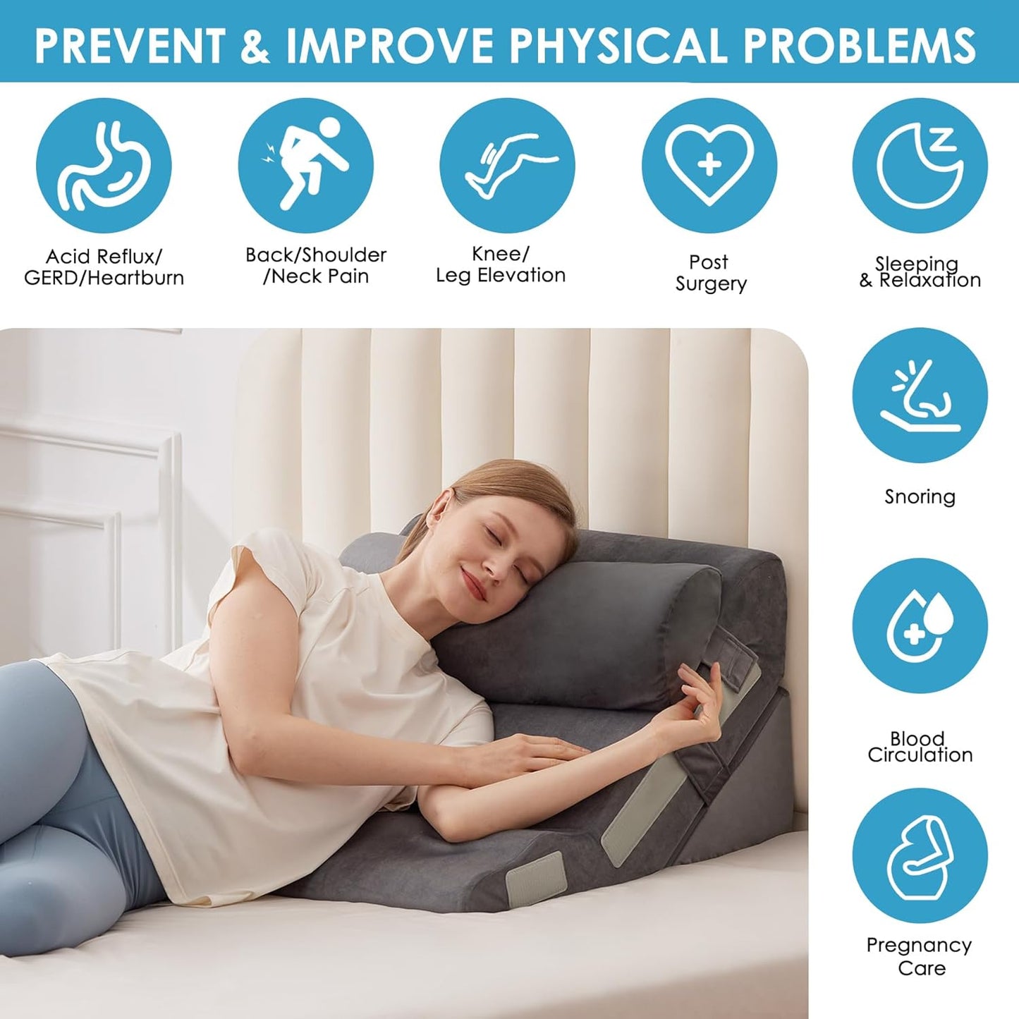 3PCS Bed Wedge Pillow for Headboard, Adjustable Wedge Pillow for Sleep Apnea, 23” Wide Triangle Pillow Wedge Set for After Surgery, Acid Reflux Relief, Snoring, Neck&Back Support, Grey