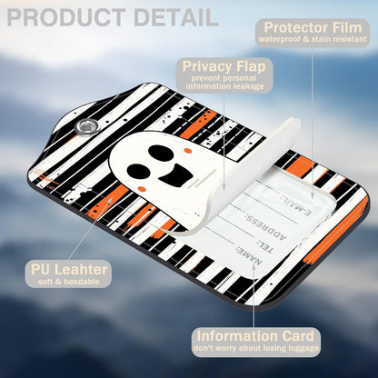 Halloween Set of 2 Luggage Tags Cute Ghost on Black and White Stripes Luggage Tags for Suitcases Leather Suitcase Tags with Privacy Name Address Label and Stainless Steel Loop for Women Men Travel Bag
