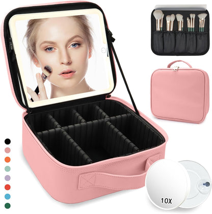 Travel Makeup Bag for Makeup Artists Large Makeup Case,with Mirror 3 Color Setting and Detachable 10x Magnifying Mirror Travel Makeup Bag,Portable Storage and Adjustable Dividers（pink）