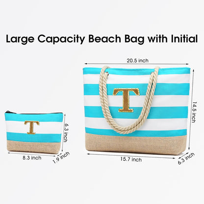 Becokan Beach Bag Initial Beach Tote with Makeup Bag for Travel Work Storage Personalized Birthday Gifts for Women Her