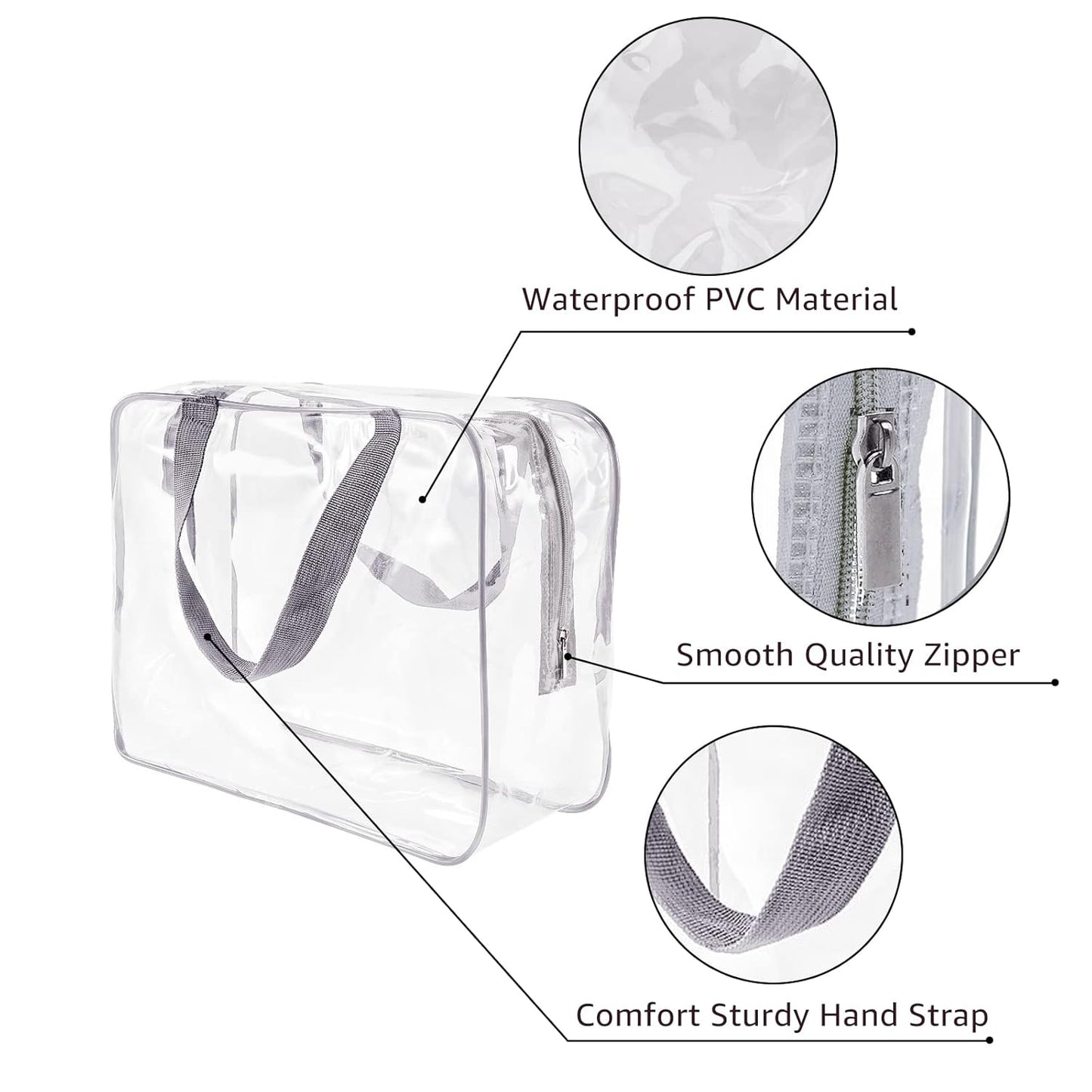 6Pcs Crystal Clear PVC Travel Toiletry Bag Kit for Women Men, Waterproof Vinyl Packing Organizer Storage Bags with Zipper Handle Straps, Cosmetic Pouch Carry on Airport Airline Compliant Bag Handbag