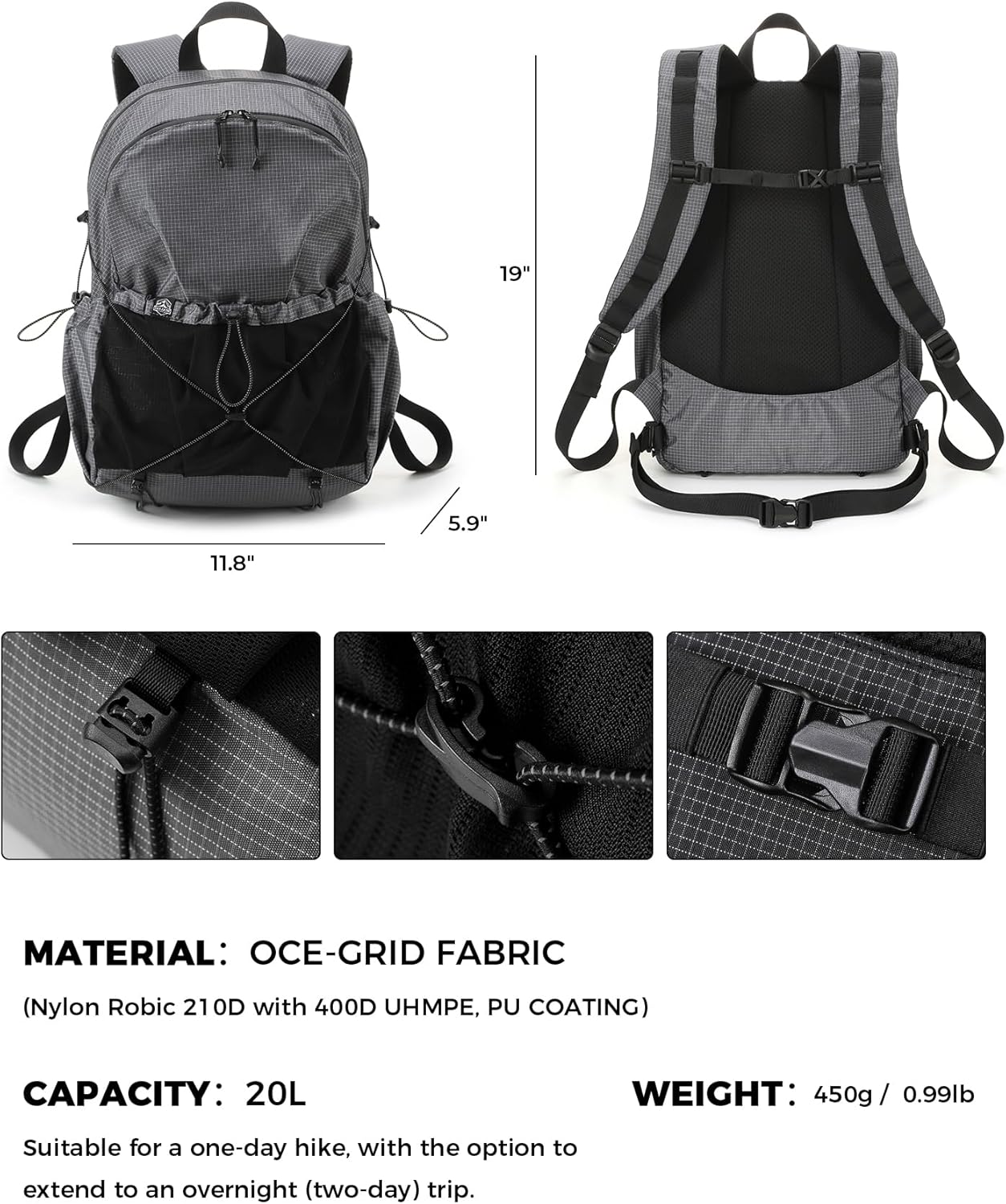 Lightweight Hiking Backpack, Camping Backpack 20L Small Backpacks Water Resistant Daypack for Women Men (Grey)