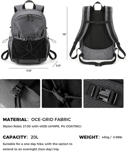 Lightweight Hiking Backpack, Camping Backpack 20L Small Backpacks Water Resistant Daypack for Women Men (Grey)