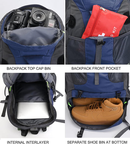 Bseash 50L Hiking Backpack, Water Resistant Lightweight Outdoor Sport Daypack Travel Bag for Camping Climbing Skiing Cycling (Navy Blue - With Shoe Compartment)