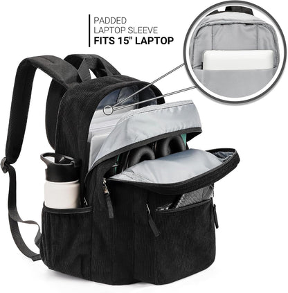 ZORFIN 26L Backpack for College, and Travel: Corduroy Bookbag - Black