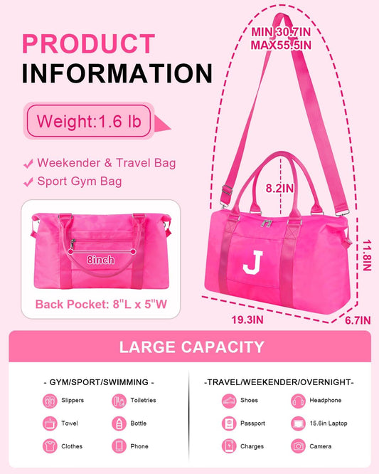 Overnight Bag for Kids Teen Girls Weekender Dance Bag Birthday Graduation Gifts,Initial Travel Duffel Bag Sports Gym Bag Personalized Weekender Bag Carry On Bags Preppy Gifts for Women(Hot Pink, J)