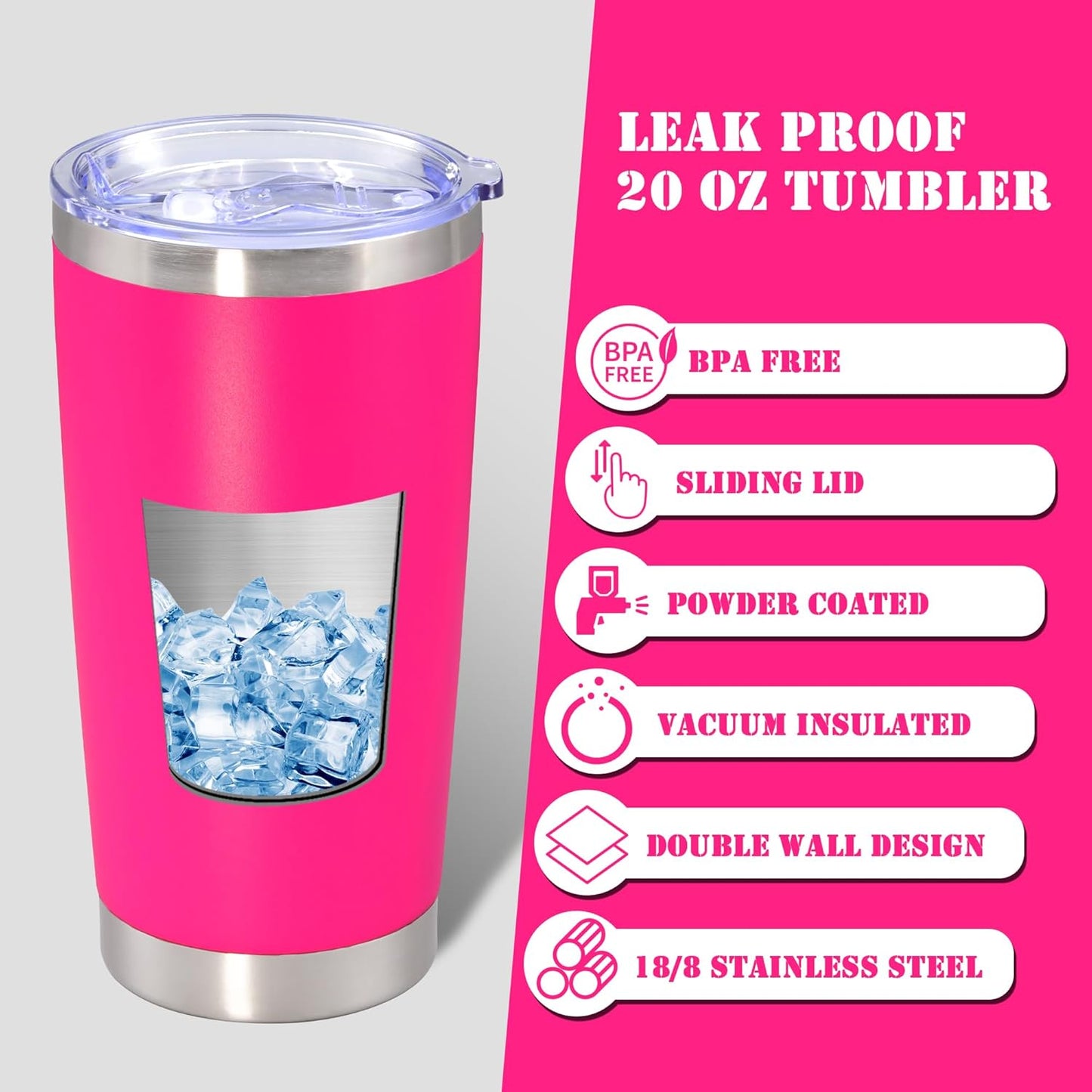 20 oz Tumbler with lid Double Wall Vacuum Insulated Tumblers Stainless Steel Coffee Mug Travel Coffee Tumbler Powder Coated Tumbler Cup Keep Hot&Cold - (Hot Pink 6 Pack)