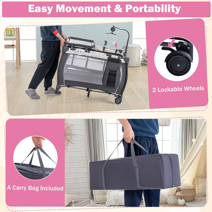 HONEY JOY Pack and Play, 3 in 1 Portable Baby Playard with Bassinet, Changing Table, Lockable Wheels, Music Box, Foldable Travel Baby Crib Nursery Center from Newborn to Toddler (Water Drop Gray)