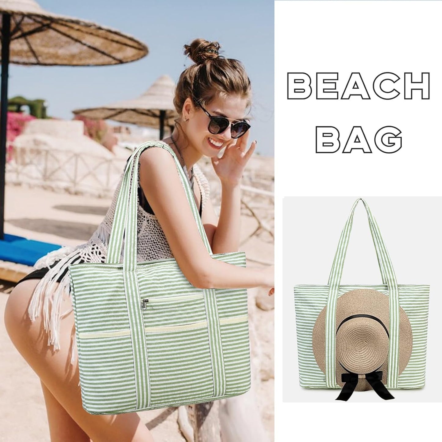 LEDAOU Beach Bags for Women, Beach Bags Waterproof Sandproof, Packable Beach Tote Bag with Zipper Travel Sports