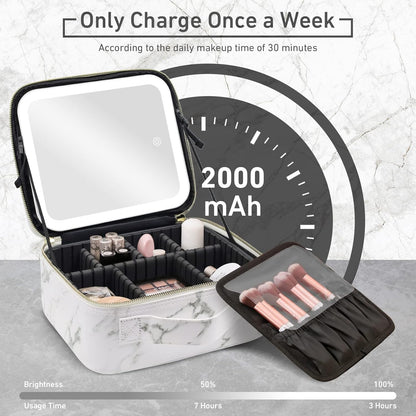 Makeup Bag with Mirror and Light, Makeup Case with Lighted Mirror, Travel Makeup Bag with Light up Mirror 3 Color Lights, Makeup Organizer Bag with Adjustable Dividers & Brush Holder(Marble)