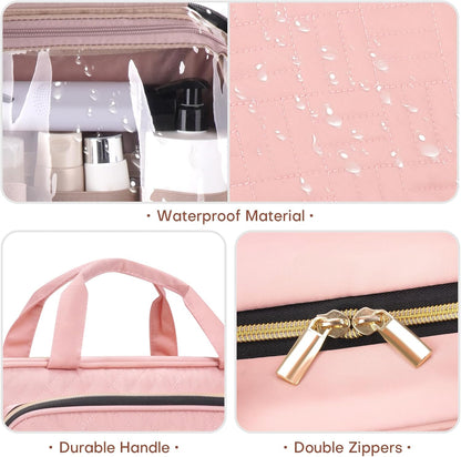 8L Travel Toiletry Bag with Jewelry Organizer for Women - 2.1 GAL Water-resistant Makeup Cosmetic Bag With Hanging Hook for Accessories Shampoo Full-size Container, Pink