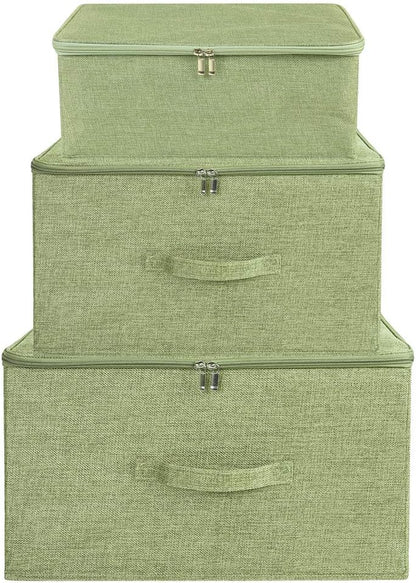 ANMINY 2PCS Storage Bins with Zipper Lids 51.9 Qt Lidded Fabric Storage Boxes Baskets Cubes with Handles Collapsible Washable Cotton Linen Closet Shelf Clothes Organizer - Green, Extra Large