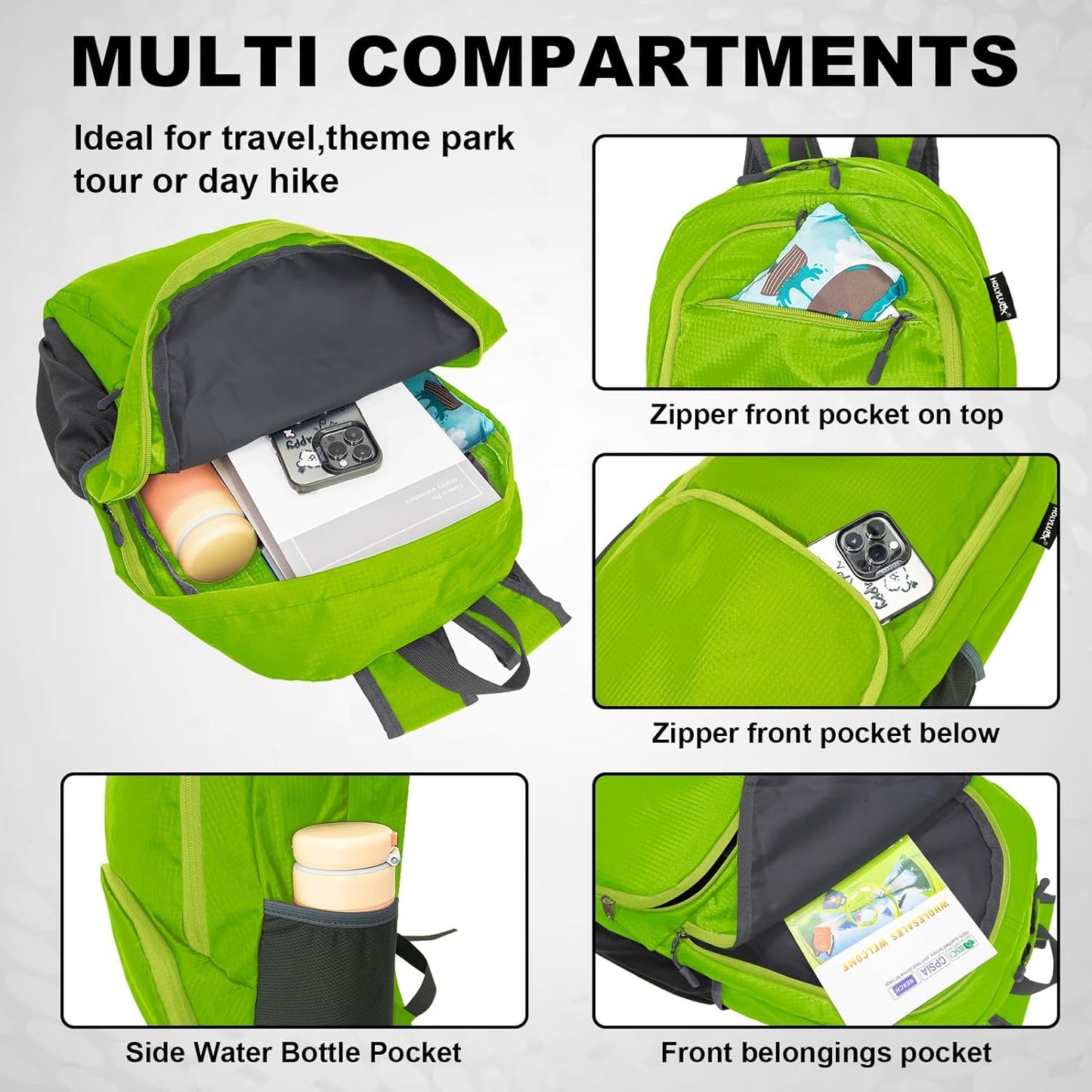 HOLYLUCK 20L lightweight packable Hiking Daypack Foldable Backpack for Men Women Small Travel Outdoor Foldable Shoulder Bag-green