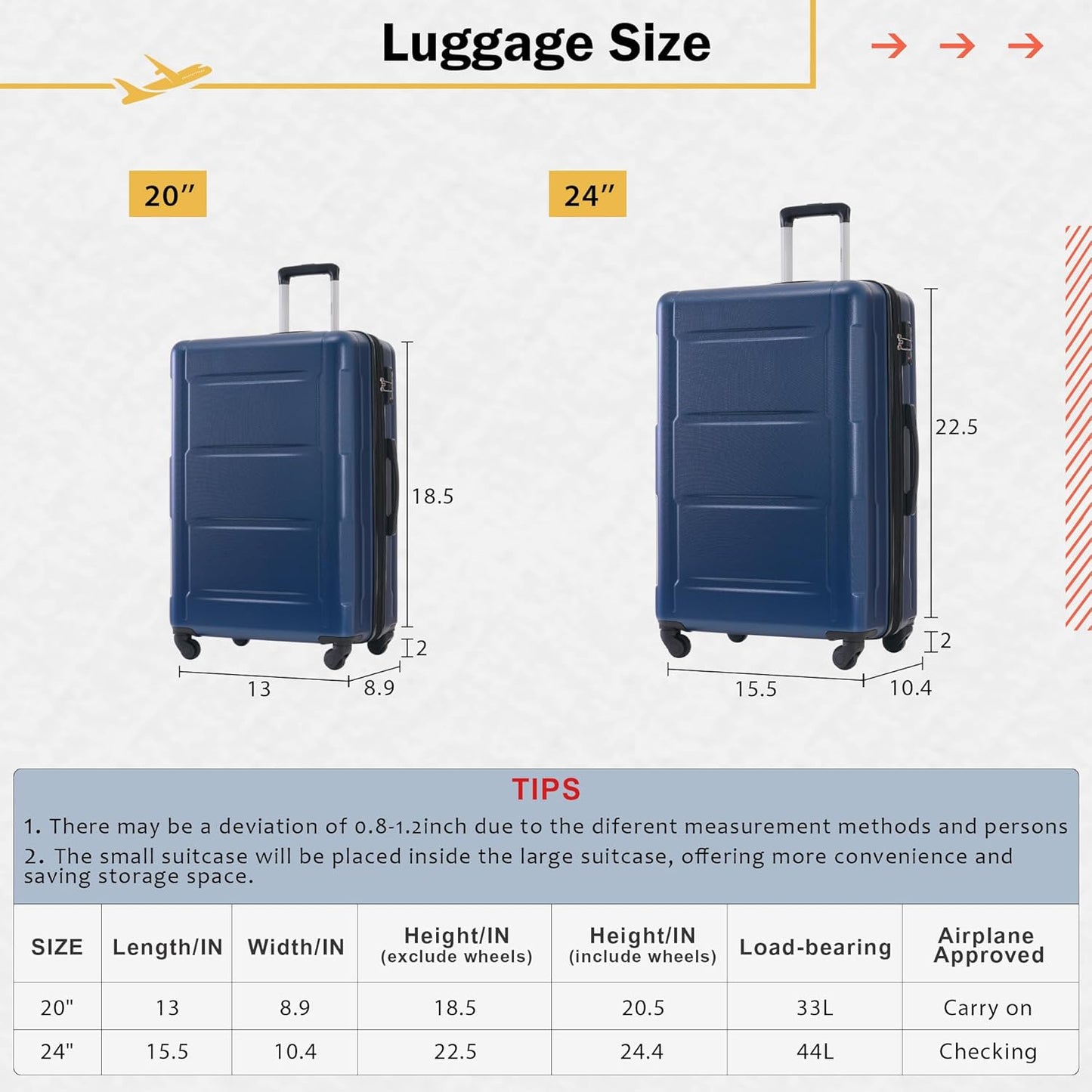 Merax Luggage Set 2 Piece Suitcase Sets with Spinner Wheel,Lightweight Hardside Expandable Travel Laggage with TSA Lock,Suitcase with Travel Bag(20"/24",Blue)