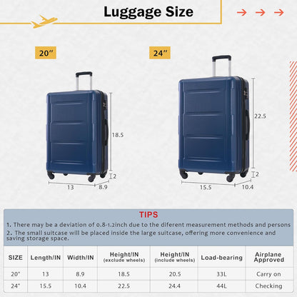 Merax Luggage Set 2 Piece Suitcase Sets with Spinner Wheel,Lightweight Hardside Expandable Travel Laggage with TSA Lock,Suitcase with Travel Bag(20"/24",Blue)