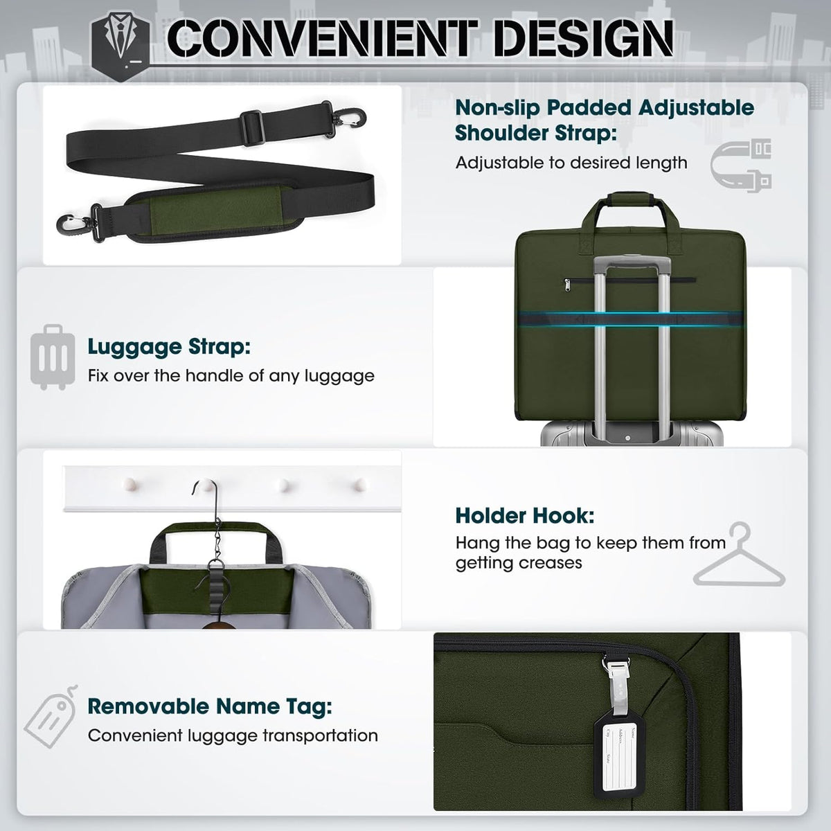 RAINSMORE Garment Bags for Travel Carry On Garment Bag for Hanging Clothes, Suit Bag for Business Trips with Shoes bag & Shoulder Strap, Waterproof Foldable Suit Luggage Bag for Men Women, Green