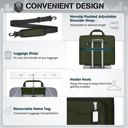RAINSMORE Garment Bags for Travel Carry On Garment Bag for Hanging Clothes, Suit Bag for Business Trips with Shoes bag & Shoulder Strap, Waterproof Foldable Suit Luggage Bag for Men Women, Green