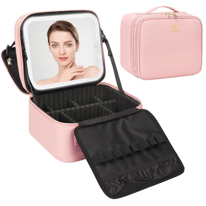 Relavel Makeup Bag with LED Mirror, Small Travel Makeup Case with Rechargeable Lighted Mirror 3 Color Lights, Double Layer Cosmetic Box Makeup Brush Lipstick Holder Organizer for Women, Pink