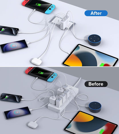 USB C Wall Charger Block,100W GaN 6-Port QC+PD3.0 Charging Station Type C Fast Chargers Plug Brick Portable Cube Hub Multiport Power Adapter for iPhone16/15/14 Pro Galaxy S25 Ultra2 AirPods4 Watch10