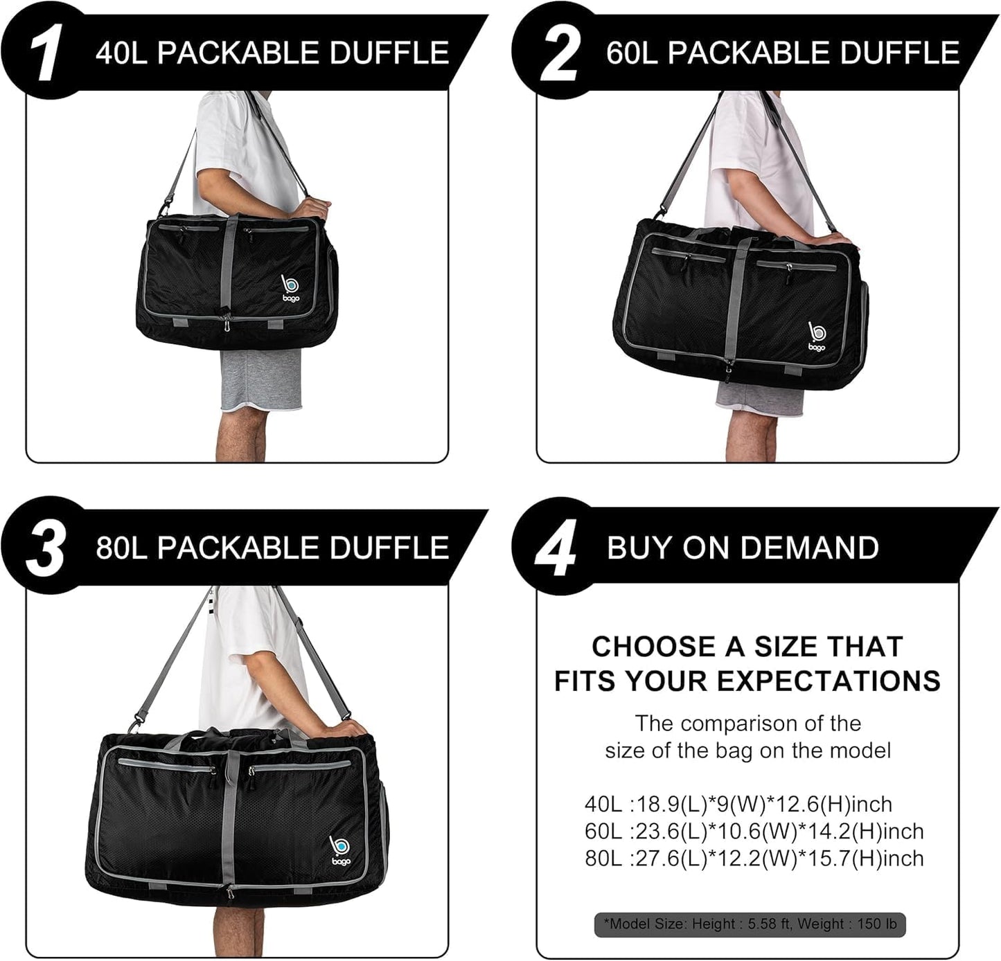 Bago Foldable Duffel Bags for Traveling Women & Men - 40L Sports Packable Duffle Bag for Travel with Shoe Compartment - Water Repellant, Heavy Duty, Lightweight Folding & Collapsible (SnowBlack)