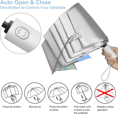 Cuby UV Sun Umbrella Compact Folding Travel Umbrella Auto Open and Close for Windproof, Rainproof & 99.9% UV Protection Parasol with Silver Anti-UV Coating