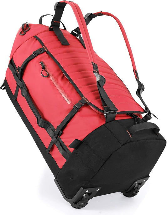 Rolling Duffle Bag with Wheels,86L 30”Folding Duffle Backpack with 2 Wheels,Travel Bag with Separate Shoe Compartment,Red