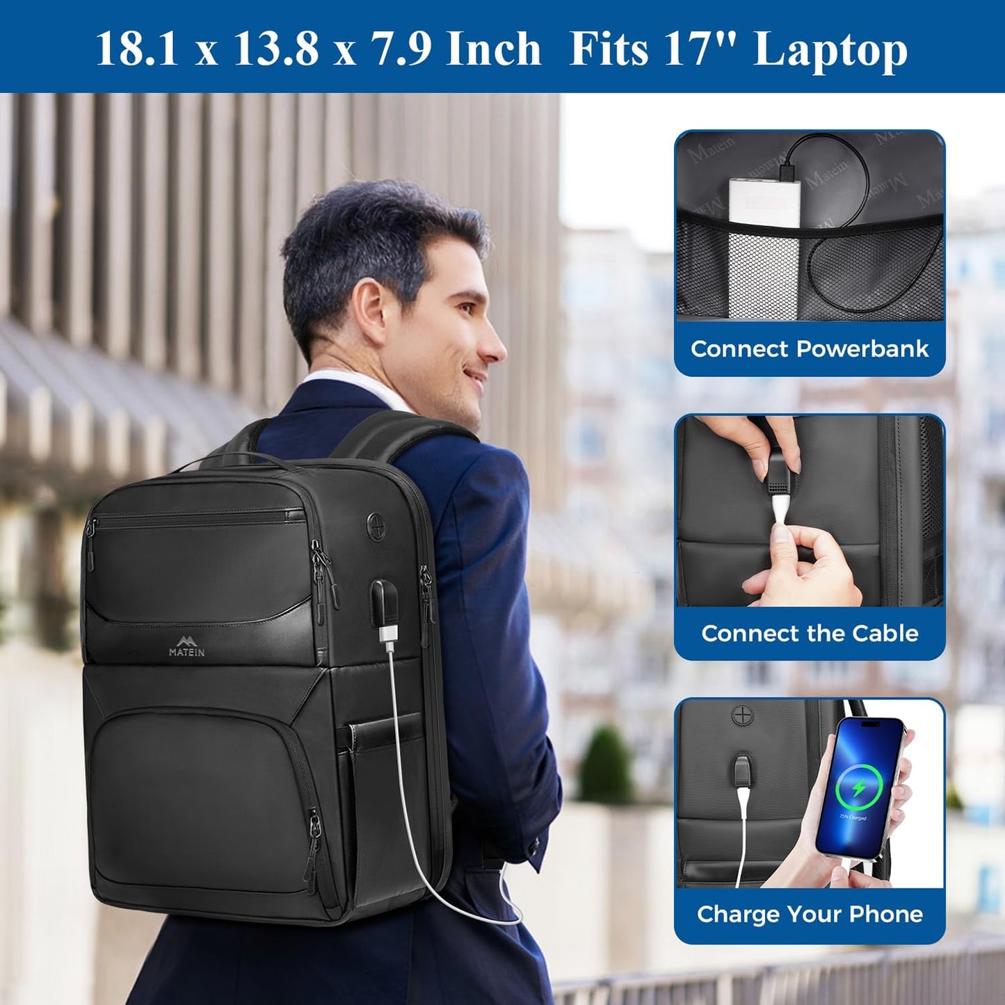 MATEIN Work Backpack with Lunch Compartment, Waterproof PU-coated Meal Prep Backpack for Men with Cutlery Pocket, Large 17 Inch Laptop Back Pack with USB Port, Insulated Cooler Bag for Office Picnic