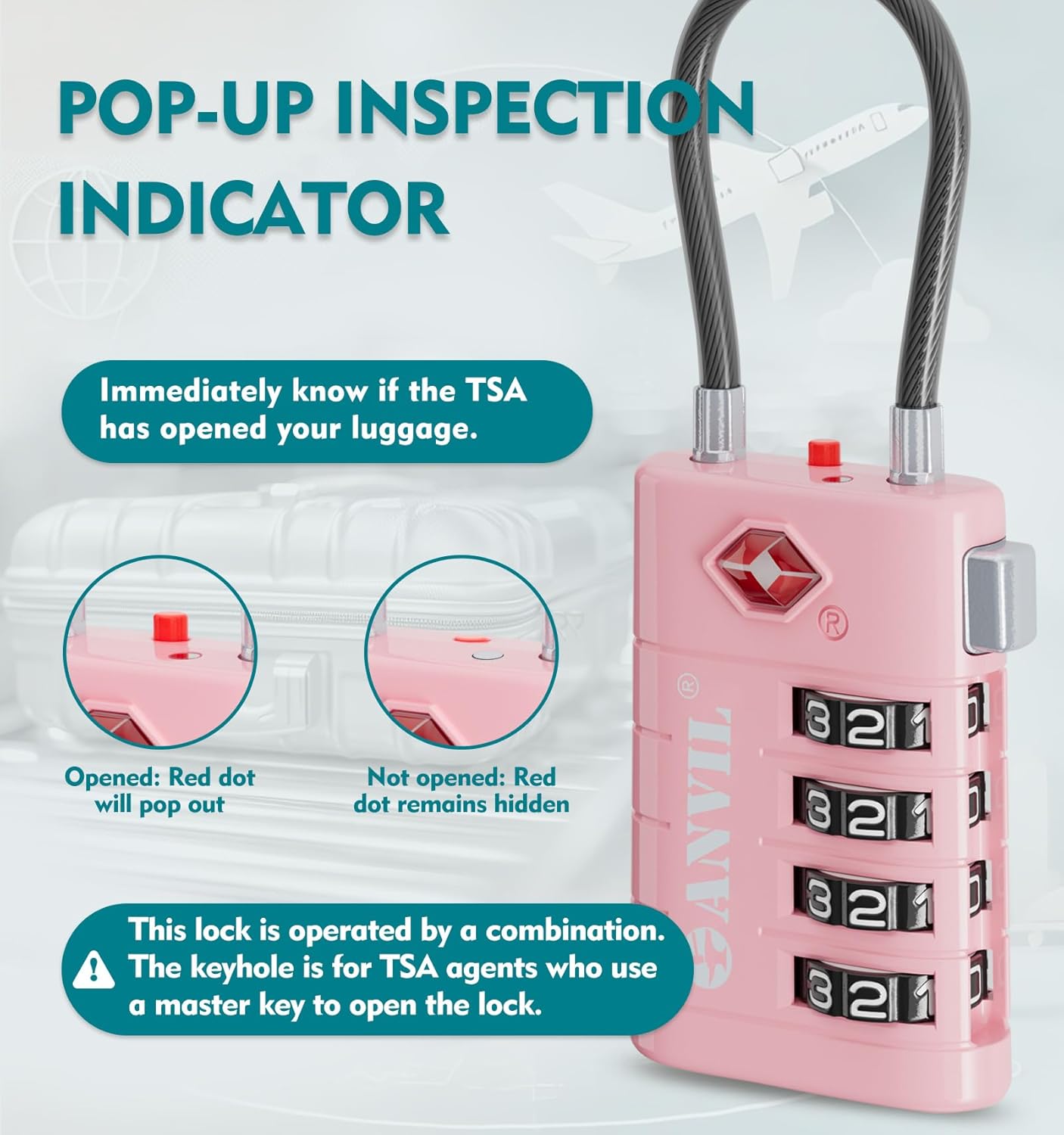 ANVIL 4 Digit Luggage Locks, TSA Locks for Luggage, Advanced TSA008 core, Alert Indicator for Your Travel Lock, Suitcase Lock.(4, Pink)