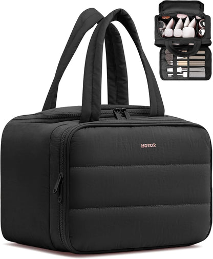 HOTOR Travel Toiletry Bag - Wide-Open Toiletry Bag for Women, Multi-Pocket Makeup Bag for Travel Essentials, Wet & Dry Separation Travel Accessories for Trip, Gym, 11.4" x 5.9" x 8.3", Black