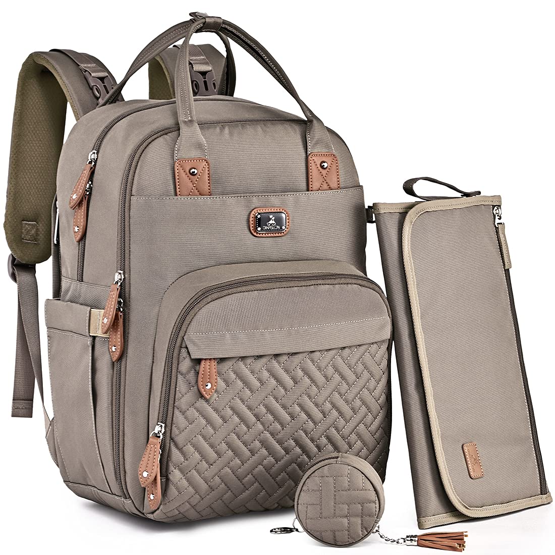 Dikaslon Diaper Bag Backpack with Portable Changing Pad, Pacifier Case and Stroller Straps, Large Unisex Baby Bags for Boys Girls, Multipurpose Travel Back Pack Moms Dads,Khaki
