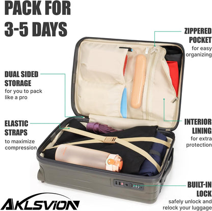 18-inch Carry-on Boarding Luggage: Equipped with Movable Wheels, TSA Approved,Under the Seat, Hard Shell Construction, Lightweight Bag with Essential Accessories (Greenish Grey)