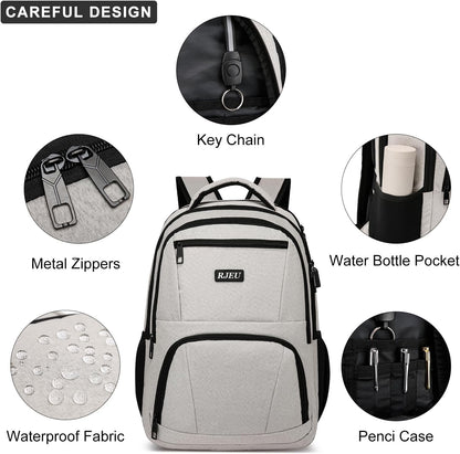 School Backpack for Teens Girls & Women, College Bookbag with 15.6 Inch Laptop Sleeve, 3 Compartments School Backpack, Ergonomic Straps - Beige